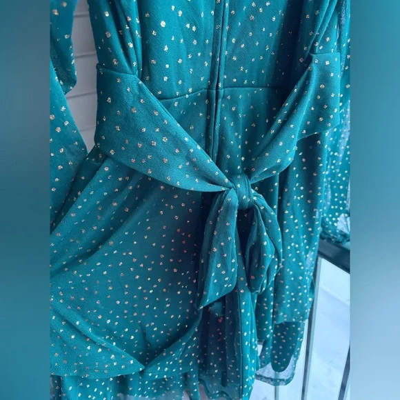 🆕 ✨ Midnight Doll Green Gold Dotted Mini Dress M Tie Party Holiday Chic Size M - Picture 12 of 15
